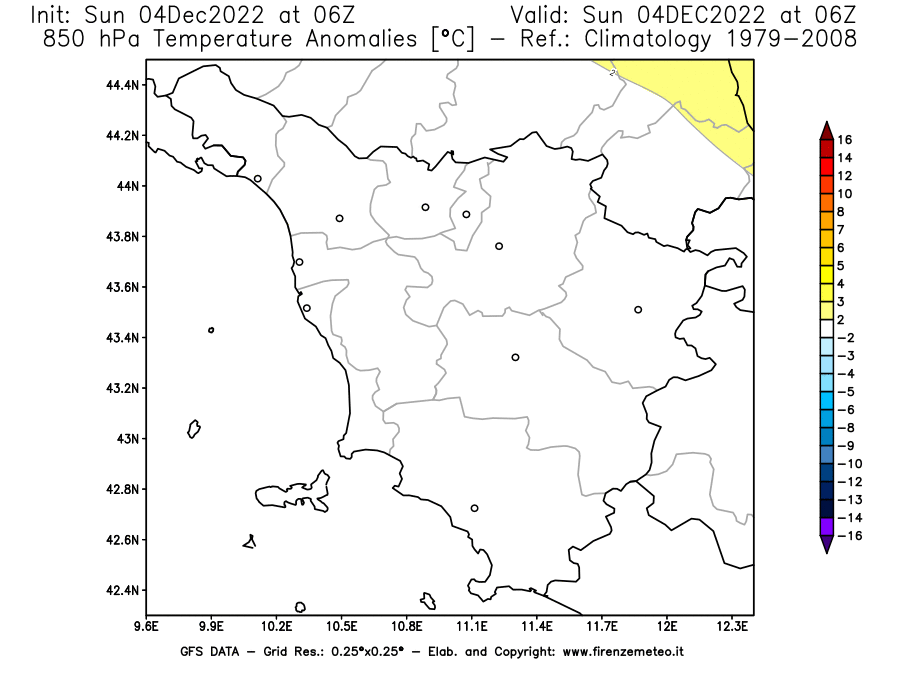Mappa di analisi GFS - Anomalia Temperatura [°C] a 850 hPa in Toscana
							del 04/12/2022 06 <!--googleoff: index-->UTC<!--googleon: index-->