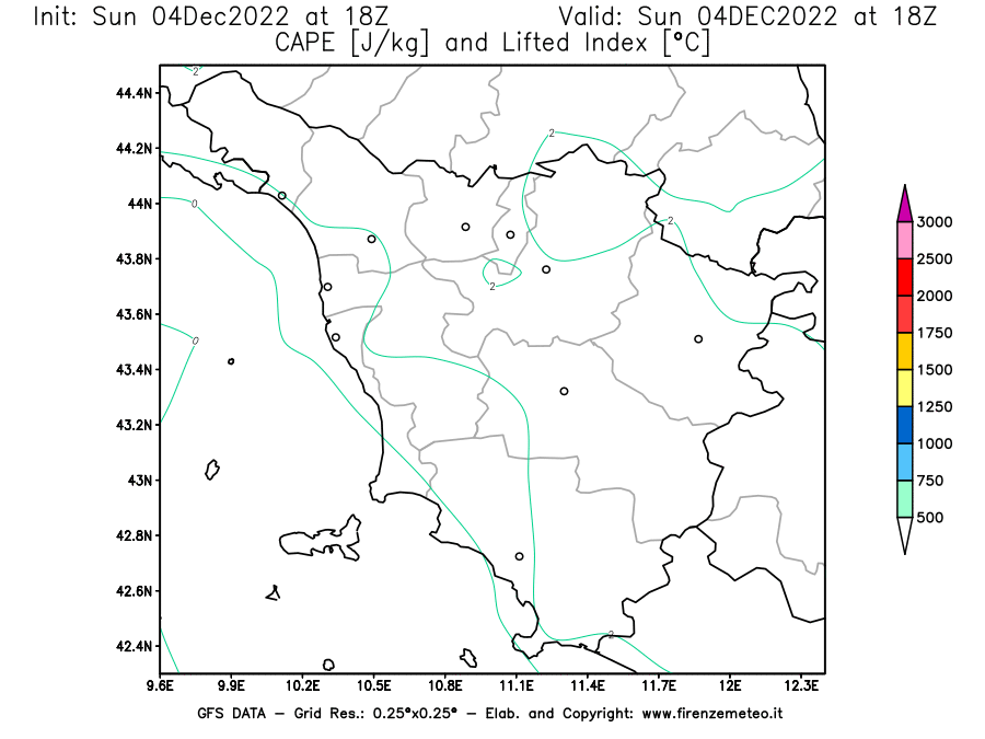 Mappa di analisi GFS - CAPE [J/kg] e Lifted Index [°C] in Toscana
							del 04/12/2022 18 <!--googleoff: index-->UTC<!--googleon: index-->