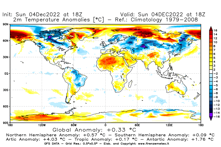 Mappa di analisi GFS - Anomalia Temperatura [°C] a 2 m in World
							del 04/12/2022 18 <!--googleoff: index-->UTC<!--googleon: index-->