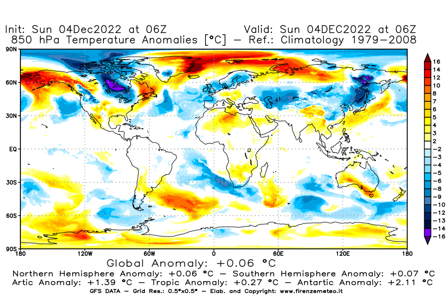 Mappa di analisi GFS - Anomalia Temperatura [°C] a 850 hPa in World
							del 04/12/2022 06 <!--googleoff: index-->UTC<!--googleon: index-->