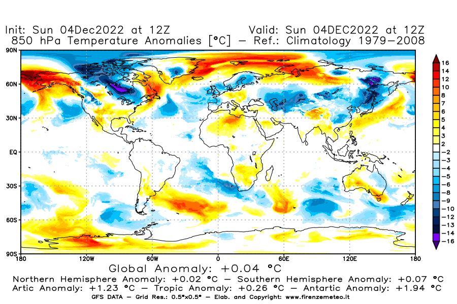 Mappa di analisi GFS - Anomalia Temperatura [°C] a 850 hPa in World
							del 04/12/2022 12 <!--googleoff: index-->UTC<!--googleon: index-->