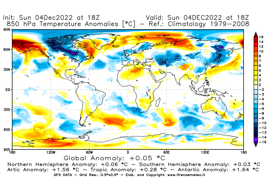 Mappa di analisi GFS - Anomalia Temperatura [°C] a 850 hPa in World
							del 04/12/2022 18 <!--googleoff: index-->UTC<!--googleon: index-->