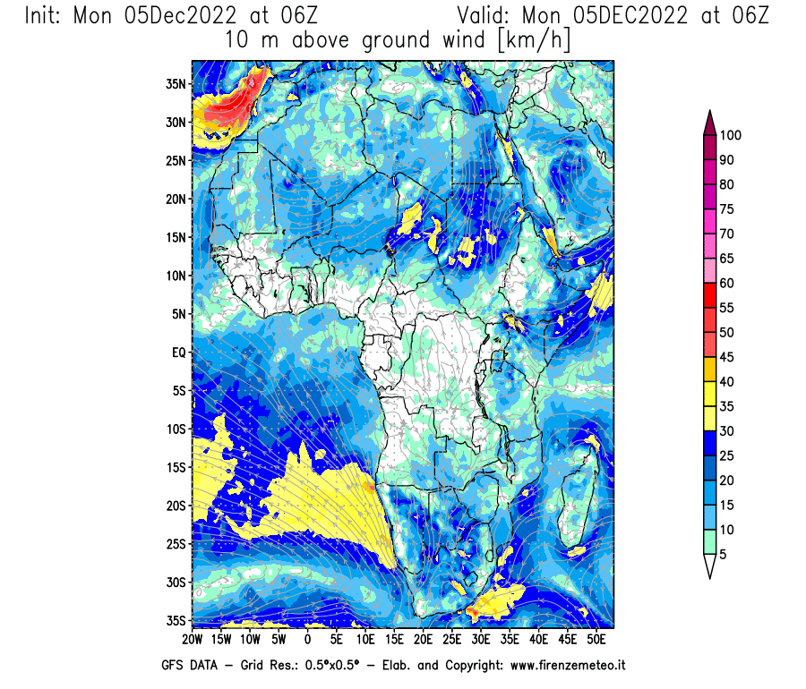 Mappa di analisi GFS - Velocità del vento a 10 metri dal suolo [km/h] in Africa
							del 05/12/2022 06 <!--googleoff: index-->UTC<!--googleon: index-->