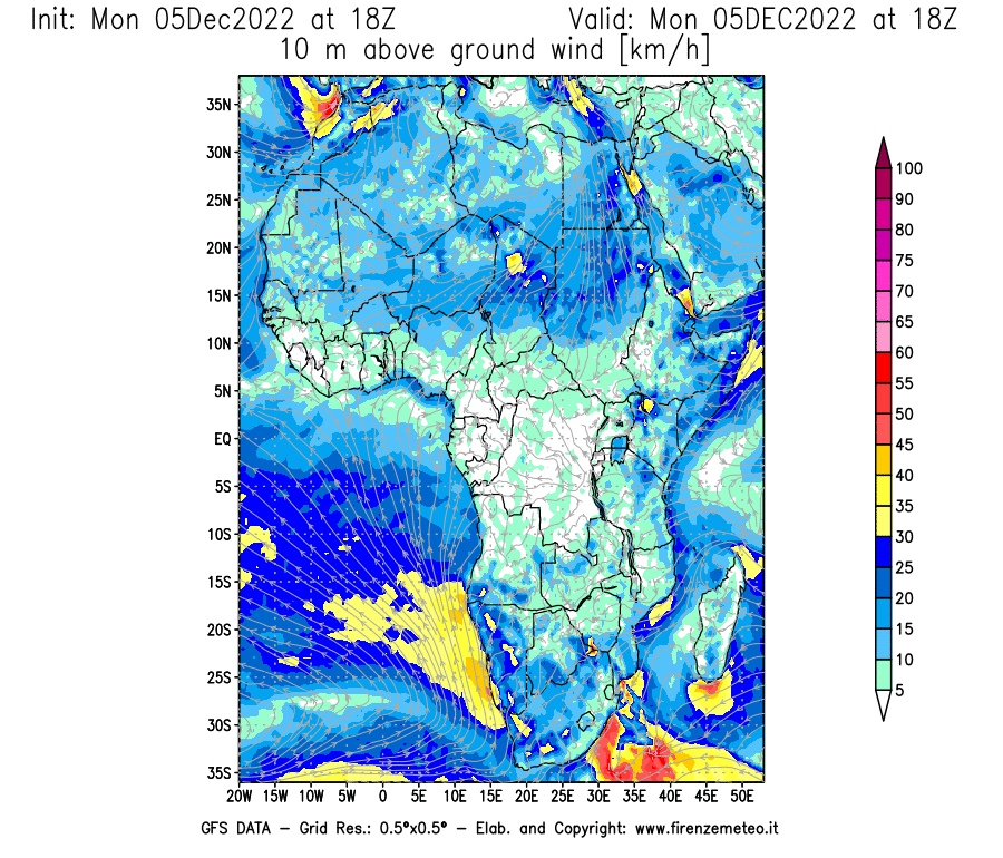 Mappa di analisi GFS - Velocità del vento a 10 metri dal suolo [km/h] in Africa
							del 05/12/2022 18 <!--googleoff: index-->UTC<!--googleon: index-->