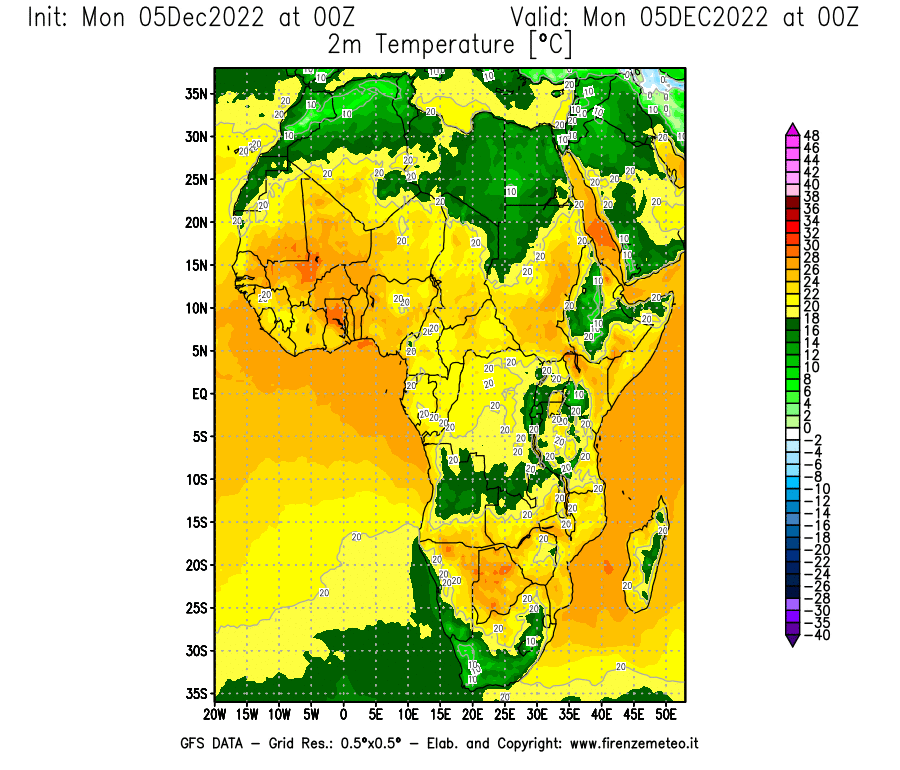 Mappa di analisi GFS - Temperatura a 2 metri dal suolo [°C] in Africa
							del 05/12/2022 00 <!--googleoff: index-->UTC<!--googleon: index-->