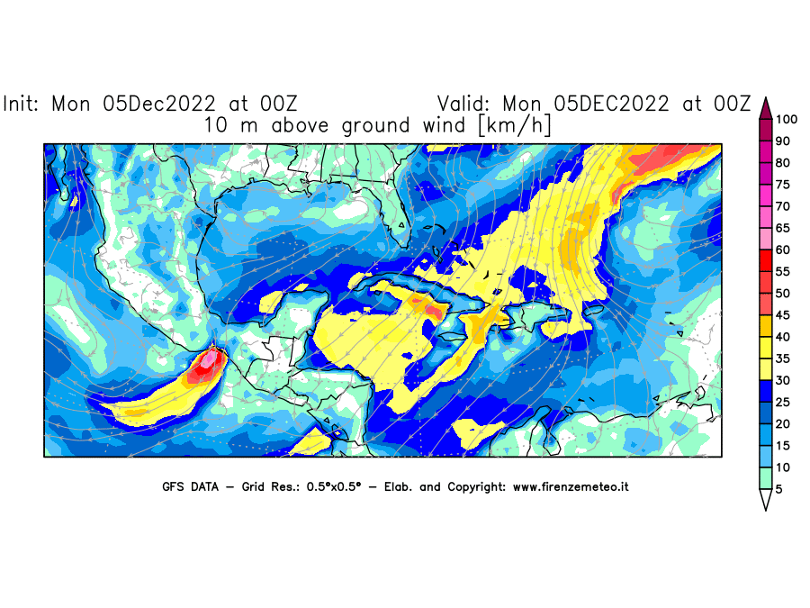 Mappa di analisi GFS - Velocità del vento a 10 metri dal suolo [km/h] in Centro-America
							del 05/12/2022 00 <!--googleoff: index-->UTC<!--googleon: index-->