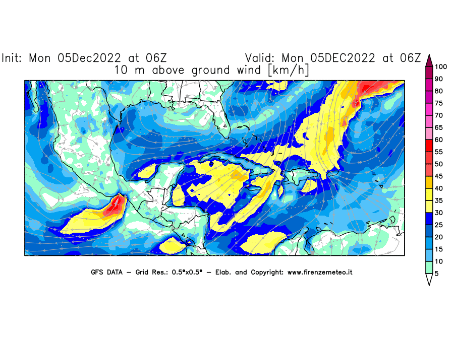 Mappa di analisi GFS - Velocità del vento a 10 metri dal suolo [km/h] in Centro-America
							del 05/12/2022 06 <!--googleoff: index-->UTC<!--googleon: index-->