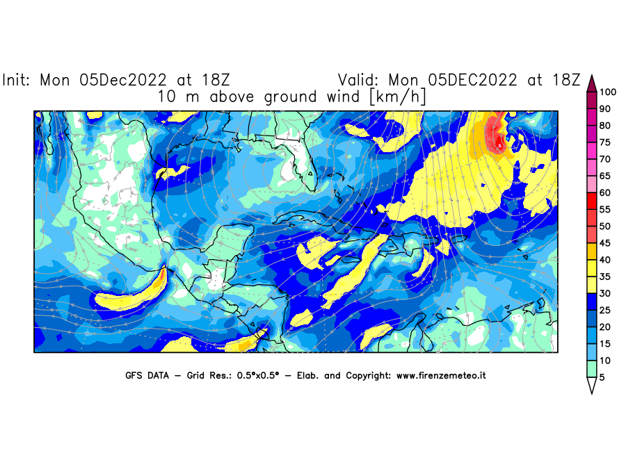 Mappa di analisi GFS - Velocità del vento a 10 metri dal suolo [km/h] in Centro-America
							del 05/12/2022 18 <!--googleoff: index-->UTC<!--googleon: index-->