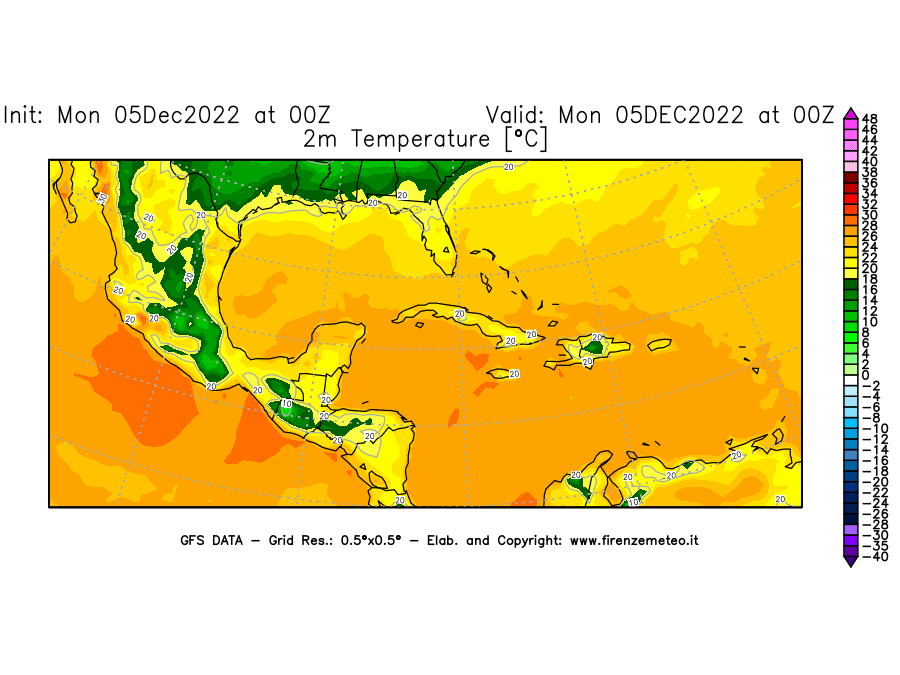 Mappa di analisi GFS - Temperatura a 2 metri dal suolo [°C] in Centro-America
							del 05/12/2022 00 <!--googleoff: index-->UTC<!--googleon: index-->