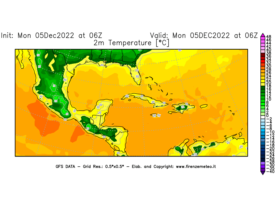 Mappa di analisi GFS - Temperatura a 2 metri dal suolo [°C] in Centro-America
							del 05/12/2022 06 <!--googleoff: index-->UTC<!--googleon: index-->