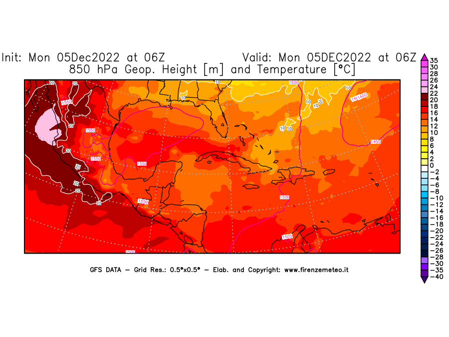 Mappa di analisi GFS - Geopotenziale [m] e Temperatura [°C] a 850 hPa in Centro-America
							del 05/12/2022 06 <!--googleoff: index-->UTC<!--googleon: index-->