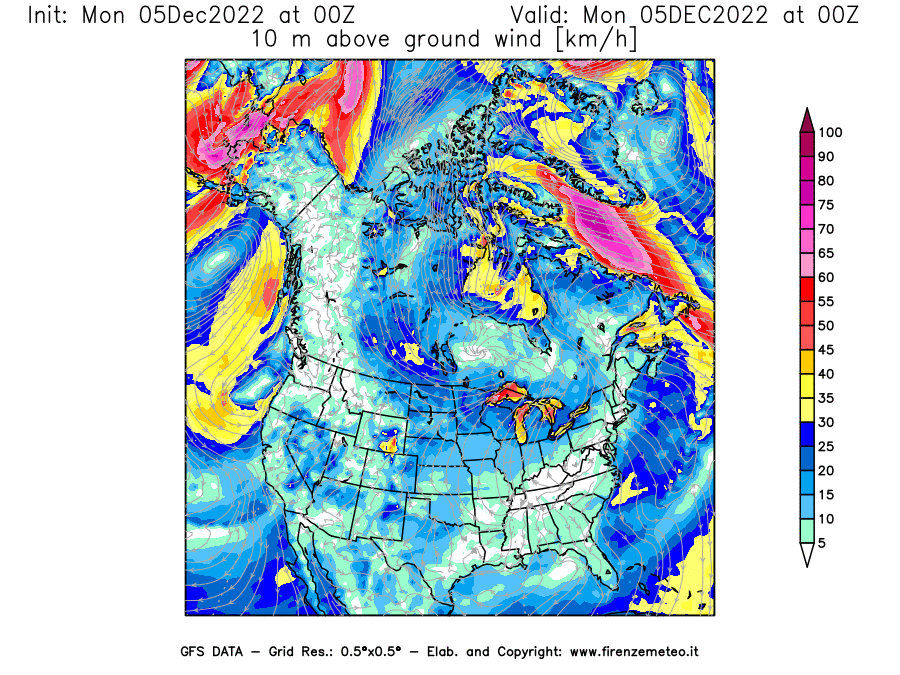 Mappa di analisi GFS - Velocità del vento a 10 metri dal suolo [km/h] in Nord-America
							del 05/12/2022 00 <!--googleoff: index-->UTC<!--googleon: index-->