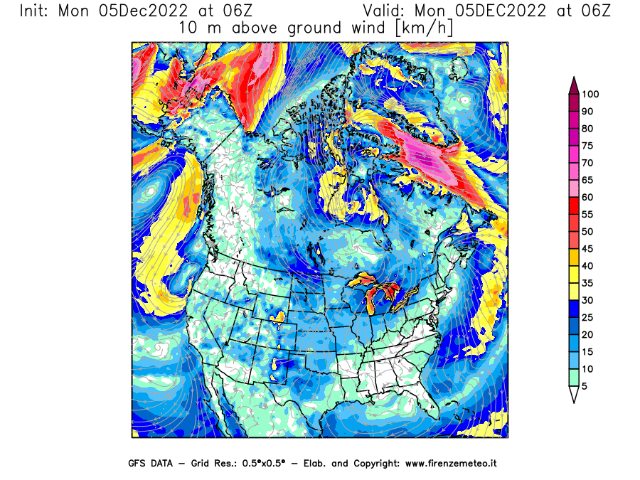 Mappa di analisi GFS - Velocità del vento a 10 metri dal suolo [km/h] in Nord-America
							del 05/12/2022 06 <!--googleoff: index-->UTC<!--googleon: index-->