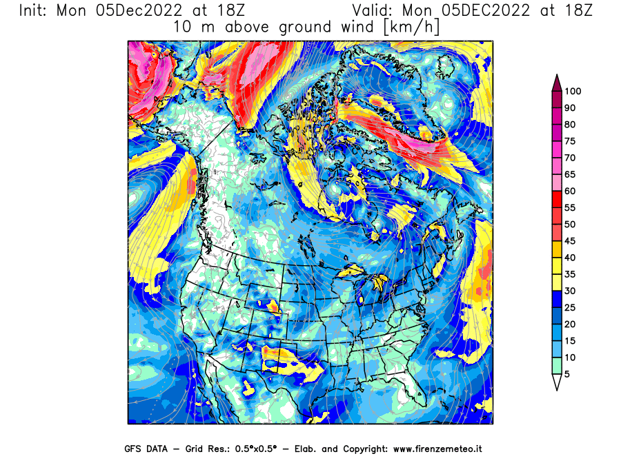 Mappa di analisi GFS - Velocità del vento a 10 metri dal suolo [km/h] in Nord-America
							del 05/12/2022 18 <!--googleoff: index-->UTC<!--googleon: index-->