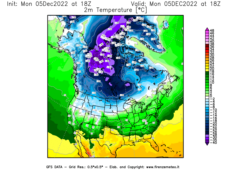 Mappa di analisi GFS - Temperatura a 2 metri dal suolo [°C] in Nord-America
							del 05/12/2022 18 <!--googleoff: index-->UTC<!--googleon: index-->