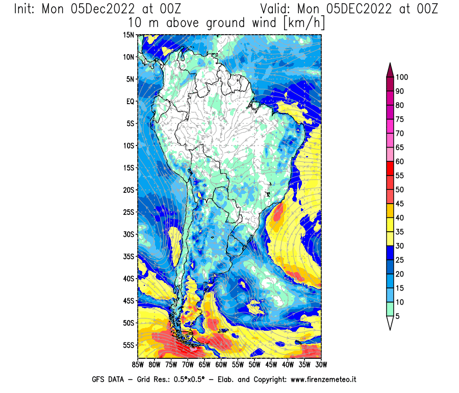 Mappa di analisi GFS - Velocità del vento a 10 metri dal suolo [km/h] in Sud-America
							del 05/12/2022 00 <!--googleoff: index-->UTC<!--googleon: index-->
