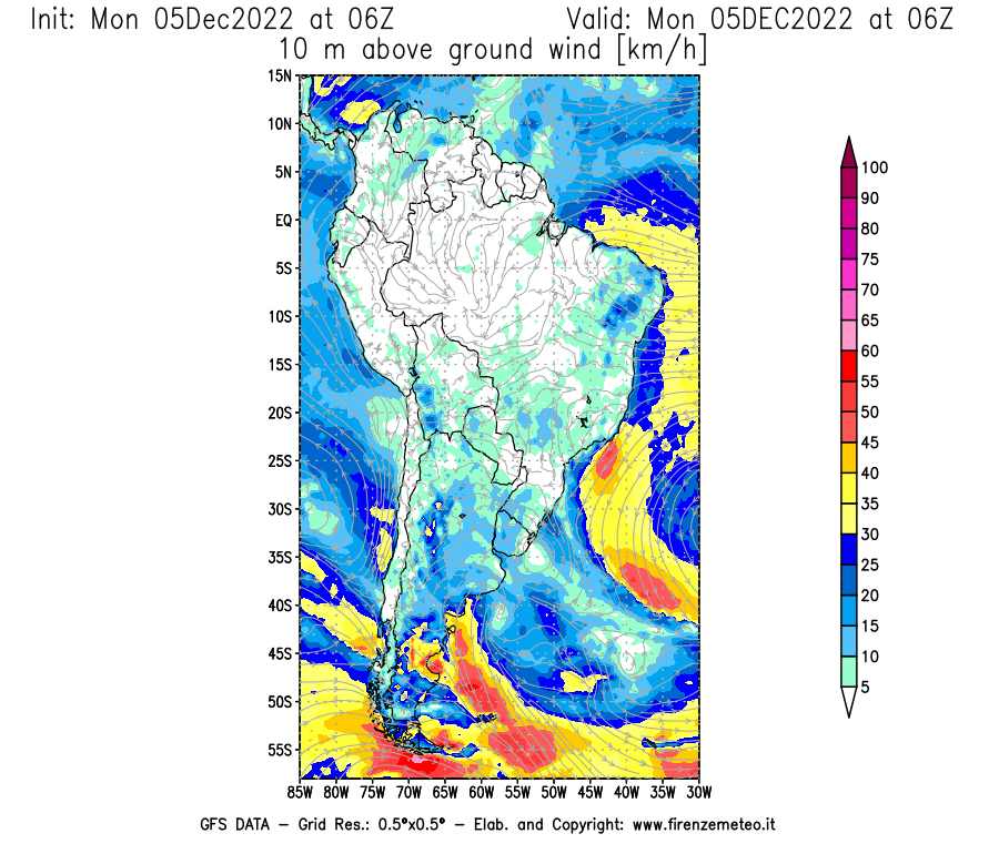 Mappa di analisi GFS - Velocità del vento a 10 metri dal suolo [km/h] in Sud-America
							del 05/12/2022 06 <!--googleoff: index-->UTC<!--googleon: index-->