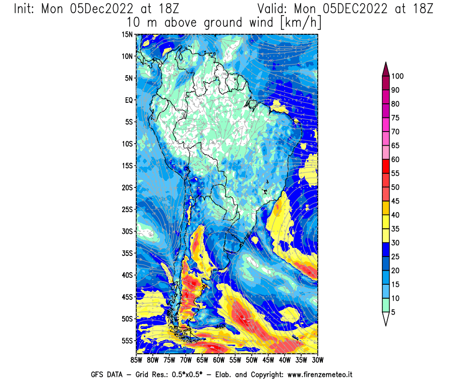 Mappa di analisi GFS - Velocità del vento a 10 metri dal suolo [km/h] in Sud-America
							del 05/12/2022 18 <!--googleoff: index-->UTC<!--googleon: index-->