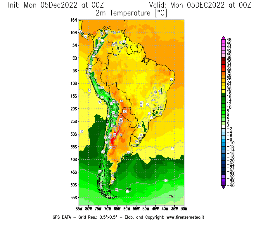 Mappa di analisi GFS - Temperatura a 2 metri dal suolo [°C] in Sud-America
							del 05/12/2022 00 <!--googleoff: index-->UTC<!--googleon: index-->