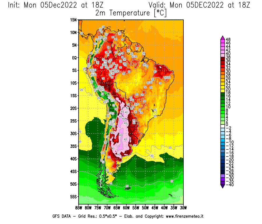 Mappa di analisi GFS - Temperatura a 2 metri dal suolo [°C] in Sud-America
							del 05/12/2022 18 <!--googleoff: index-->UTC<!--googleon: index-->