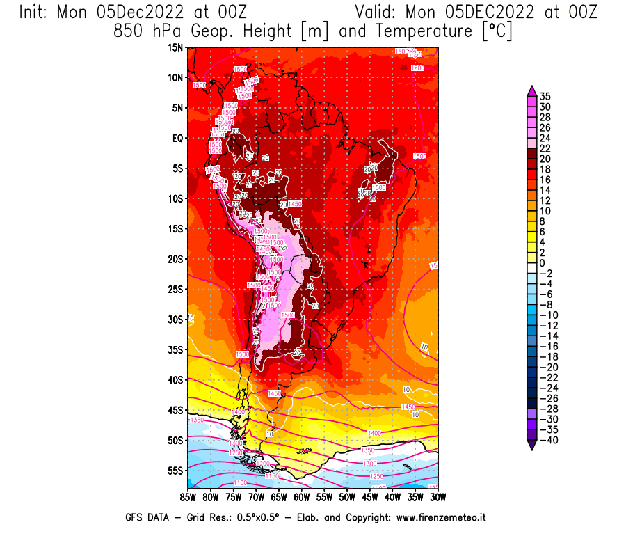 Mappa di analisi GFS - Geopotenziale [m] e Temperatura [°C] a 850 hPa in Sud-America
							del 05/12/2022 00 <!--googleoff: index-->UTC<!--googleon: index-->