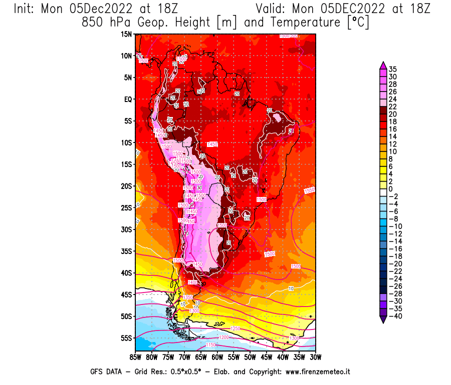Mappa di analisi GFS - Geopotenziale [m] e Temperatura [°C] a 850 hPa in Sud-America
							del 05/12/2022 18 <!--googleoff: index-->UTC<!--googleon: index-->