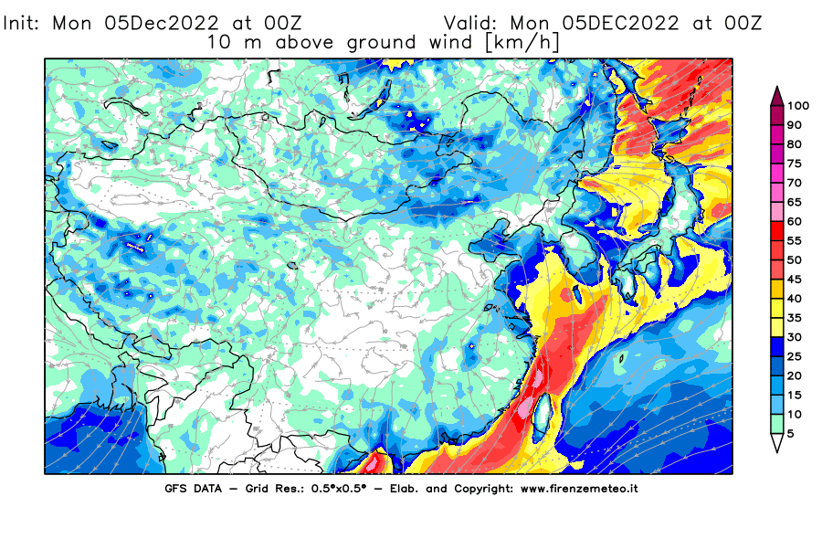 Mappa di analisi GFS - Velocità del vento a 10 metri dal suolo [km/h] in Asia Orientale
							del 05/12/2022 00 <!--googleoff: index-->UTC<!--googleon: index-->
