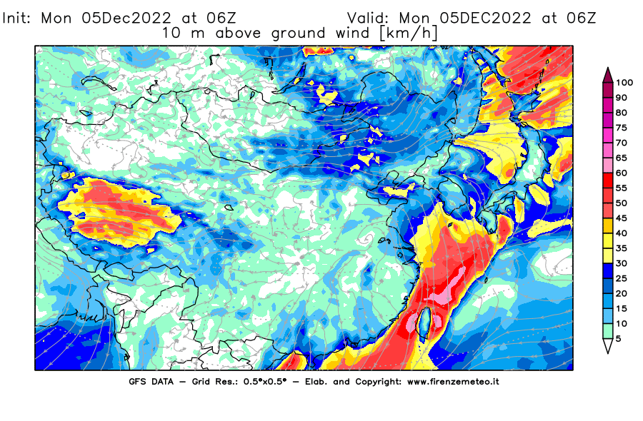 Mappa di analisi GFS - Velocità del vento a 10 metri dal suolo [km/h] in Asia Orientale
							del 05/12/2022 06 <!--googleoff: index-->UTC<!--googleon: index-->