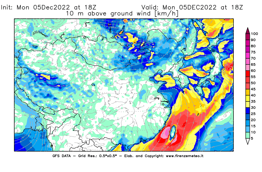 Mappa di analisi GFS - Velocità del vento a 10 metri dal suolo [km/h] in Asia Orientale
							del 05/12/2022 18 <!--googleoff: index-->UTC<!--googleon: index-->