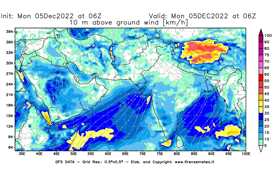 Mappa di analisi GFS - Velocità del vento a 10 metri dal suolo [km/h] in Asia Sud-Occidentale
							del 05/12/2022 06 <!--googleoff: index-->UTC<!--googleon: index-->