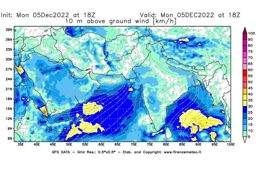 Mappa di analisi GFS - Velocità del vento a 10 metri dal suolo [km/h] in Asia Sud-Occidentale
							del 05/12/2022 18 <!--googleoff: index-->UTC<!--googleon: index-->