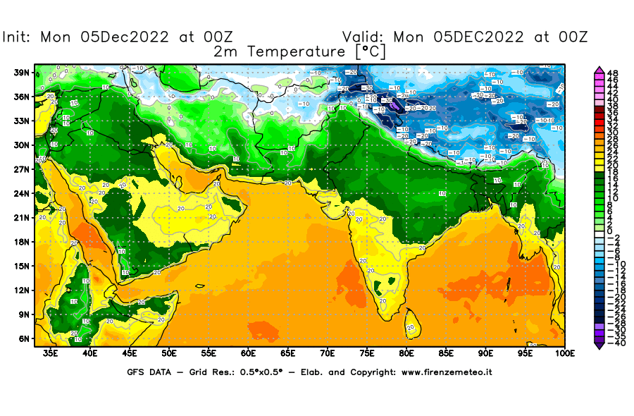 Mappa di analisi GFS - Temperatura a 2 metri dal suolo [°C] in Asia Sud-Occidentale
							del 05/12/2022 00 <!--googleoff: index-->UTC<!--googleon: index-->