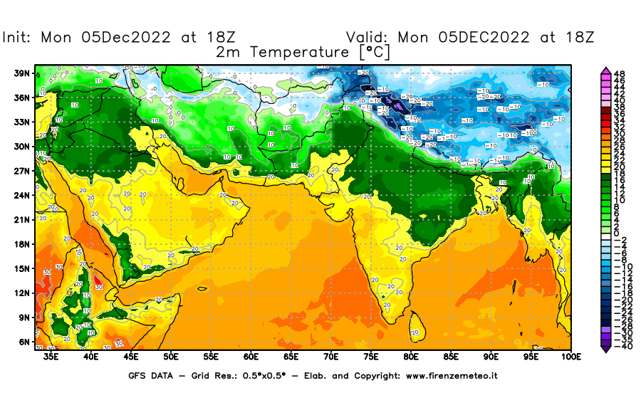 Mappa di analisi GFS - Temperatura a 2 metri dal suolo [°C] in Asia Sud-Occidentale
							del 05/12/2022 18 <!--googleoff: index-->UTC<!--googleon: index-->
