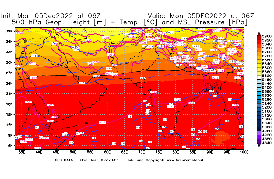 Mappa di analisi GFS - Geopotenziale [m] + Temp. [°C] a 500 hPa + Press. a livello del mare [hPa] in Asia Sud-Occidentale
							del 05/12/2022 06 <!--googleoff: index-->UTC<!--googleon: index-->