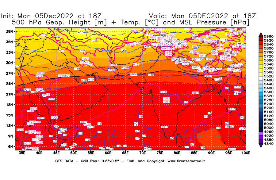 Mappa di analisi GFS - Geopotenziale [m] + Temp. [°C] a 500 hPa + Press. a livello del mare [hPa] in Asia Sud-Occidentale
							del 05/12/2022 18 <!--googleoff: index-->UTC<!--googleon: index-->