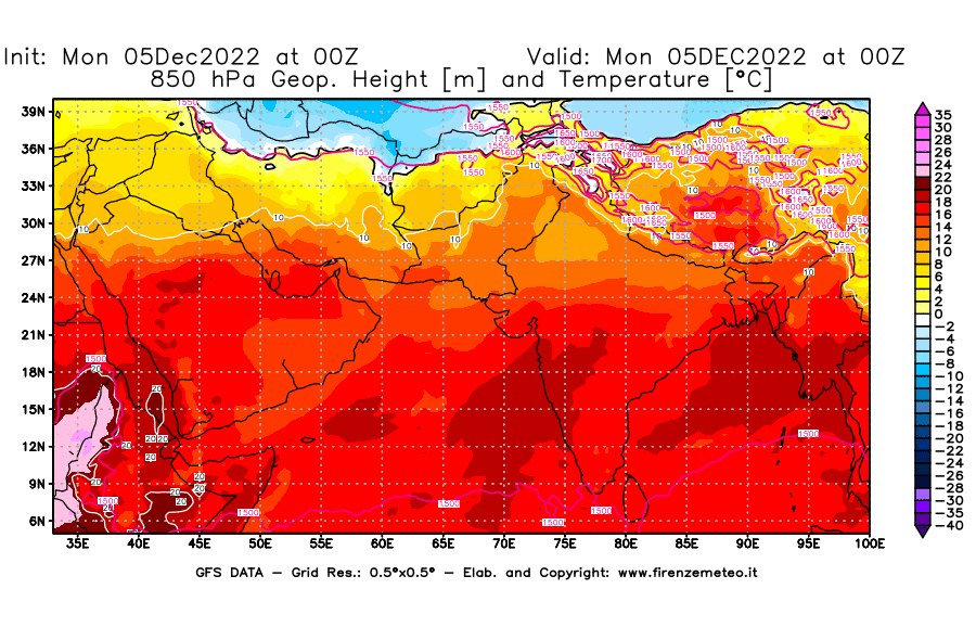 Mappa di analisi GFS - Geopotenziale [m] e Temperatura [°C] a 850 hPa in Asia Sud-Occidentale
							del 05/12/2022 00 <!--googleoff: index-->UTC<!--googleon: index-->
