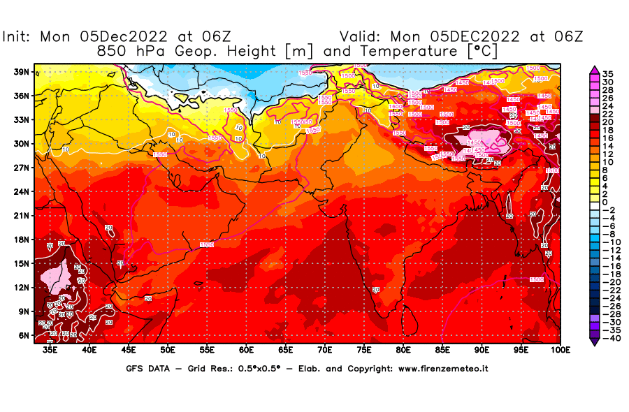 Mappa di analisi GFS - Geopotenziale [m] e Temperatura [°C] a 850 hPa in Asia Sud-Occidentale
							del 05/12/2022 06 <!--googleoff: index-->UTC<!--googleon: index-->