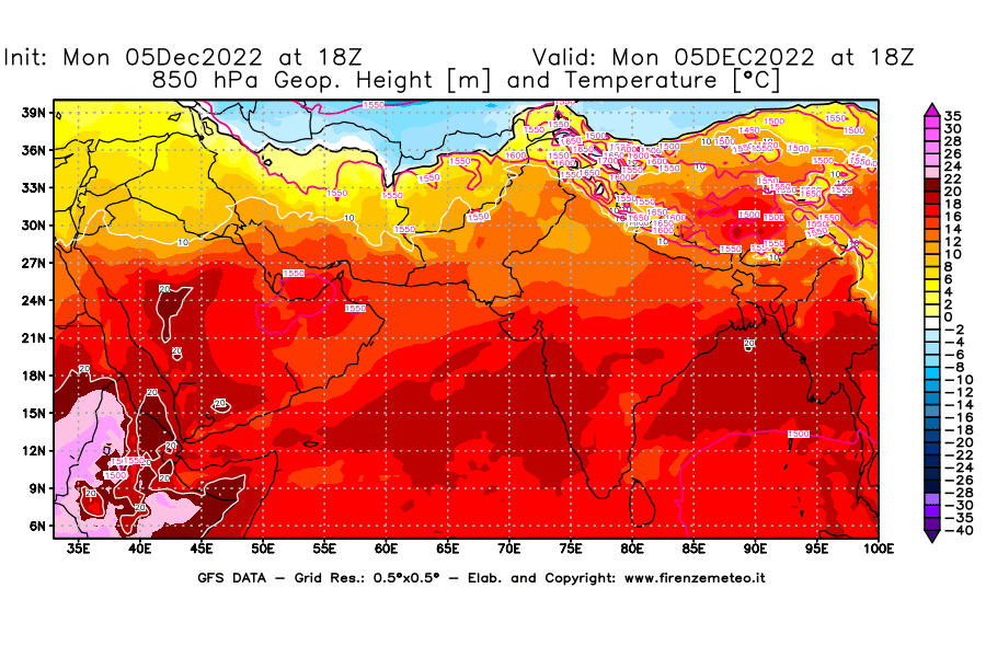 Mappa di analisi GFS - Geopotenziale [m] e Temperatura [°C] a 850 hPa in Asia Sud-Occidentale
							del 05/12/2022 18 <!--googleoff: index-->UTC<!--googleon: index-->