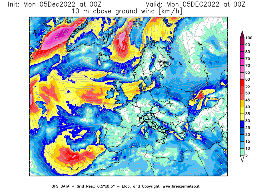 Mappa di analisi GFS - Velocità del vento a 10 metri dal suolo [km/h] in Europa
							del 05/12/2022 00 <!--googleoff: index-->UTC<!--googleon: index-->