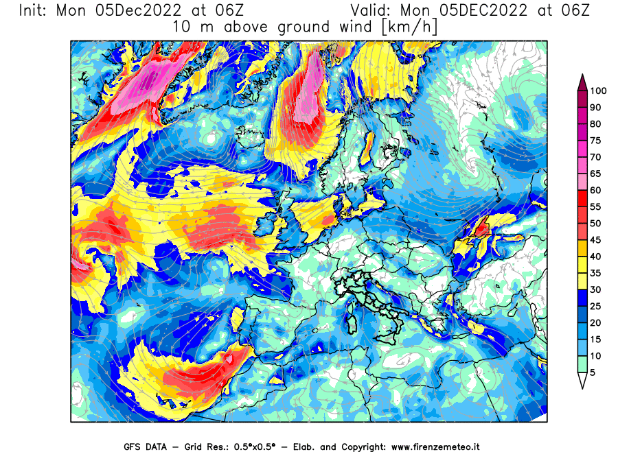 Mappa di analisi GFS - Velocità del vento a 10 metri dal suolo [km/h] in Europa
							del 05/12/2022 06 <!--googleoff: index-->UTC<!--googleon: index-->