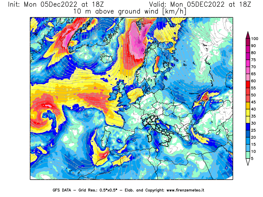 Mappa di analisi GFS - Velocità del vento a 10 metri dal suolo [km/h] in Europa
							del 05/12/2022 18 <!--googleoff: index-->UTC<!--googleon: index-->