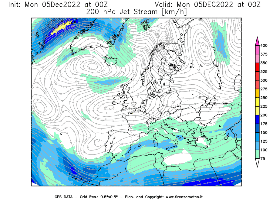 Mappa di analisi GFS - Jet Stream a 200 hPa in Europa
							del 05/12/2022 00 <!--googleoff: index-->UTC<!--googleon: index-->