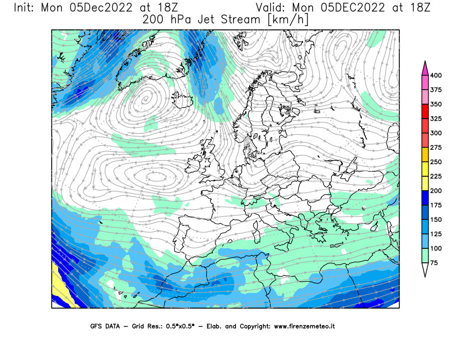 Mappa di analisi GFS - Jet Stream a 200 hPa in Europa
							del 05/12/2022 18 <!--googleoff: index-->UTC<!--googleon: index-->