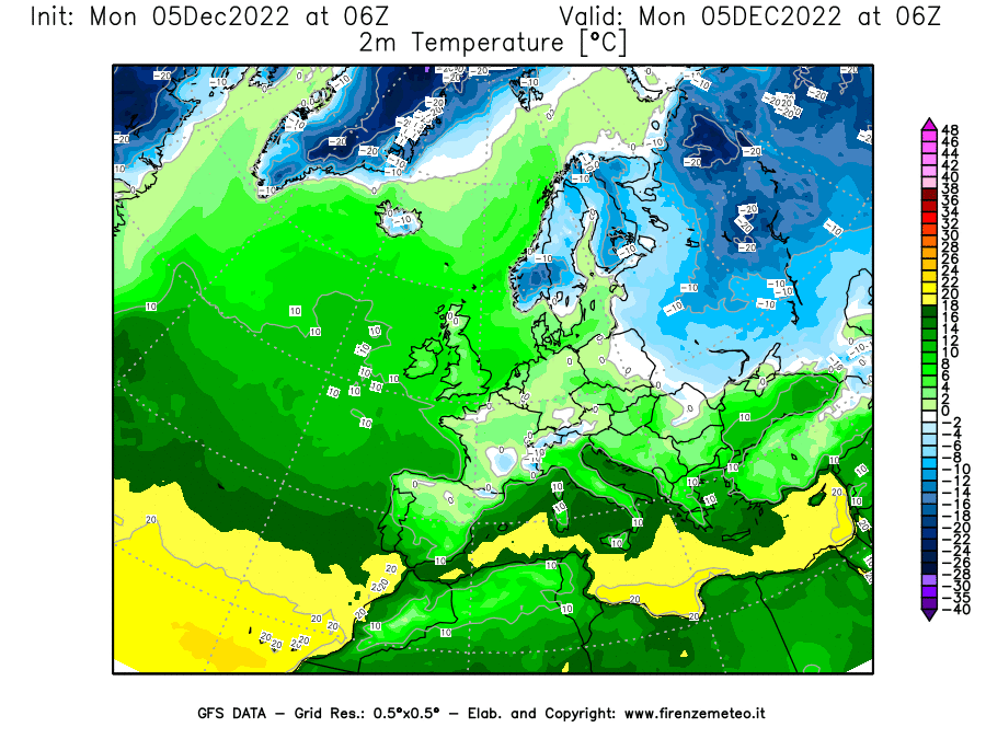Mappa di analisi GFS - Temperatura a 2 metri dal suolo [°C] in Europa
							del 05/12/2022 06 <!--googleoff: index-->UTC<!--googleon: index-->