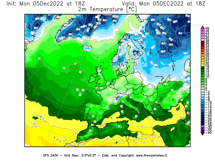 Mappa di analisi GFS - Temperatura a 2 metri dal suolo [°C] in Europa
							del 05/12/2022 18 <!--googleoff: index-->UTC<!--googleon: index-->