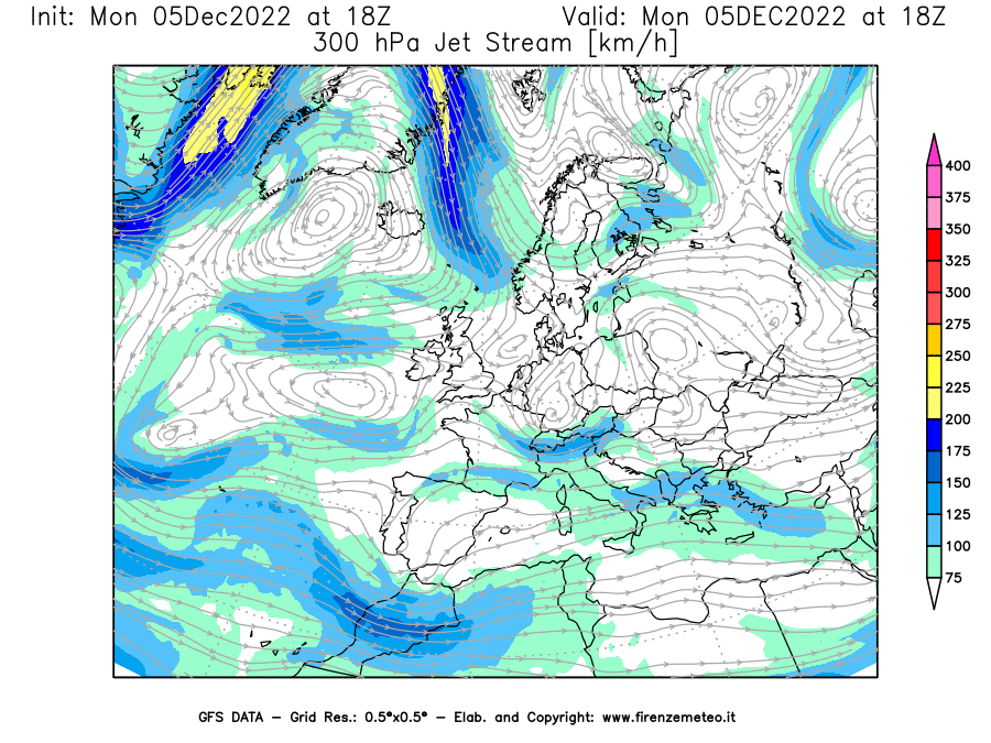 Mappa di analisi GFS - Jet Stream a 300 hPa in Europa
							del 05/12/2022 18 <!--googleoff: index-->UTC<!--googleon: index-->