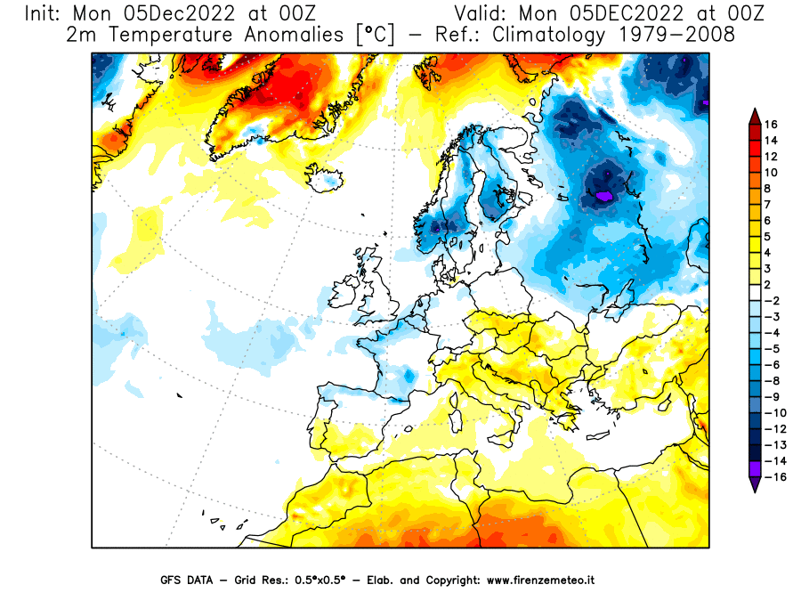 Mappa di analisi GFS - Anomalia Temperatura [°C] a 2 m in Europa
							del 05/12/2022 00 <!--googleoff: index-->UTC<!--googleon: index-->