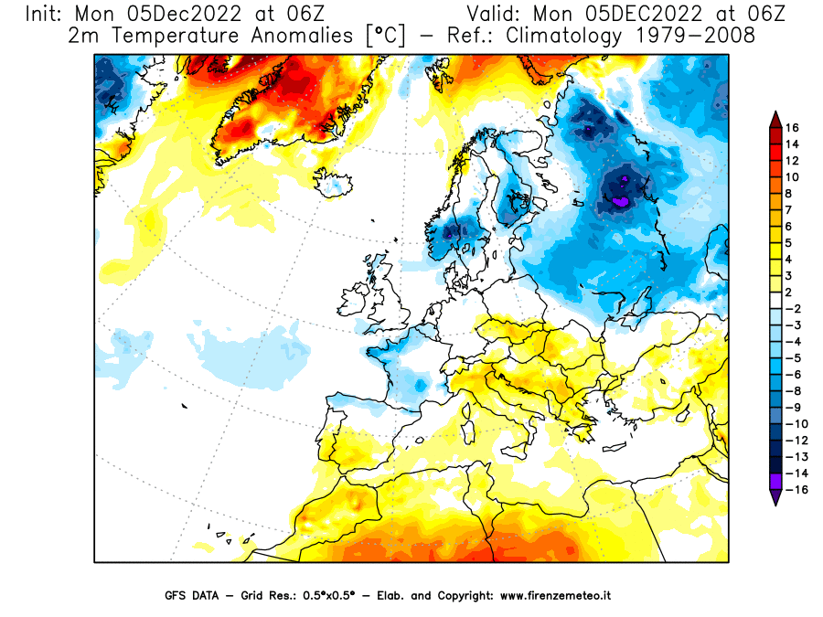 Mappa di analisi GFS - Anomalia Temperatura [°C] a 2 m in Europa
							del 05/12/2022 06 <!--googleoff: index-->UTC<!--googleon: index-->