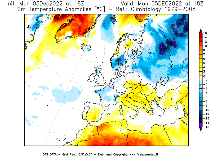 Mappa di analisi GFS - Anomalia Temperatura [°C] a 2 m in Europa
							del 05/12/2022 18 <!--googleoff: index-->UTC<!--googleon: index-->