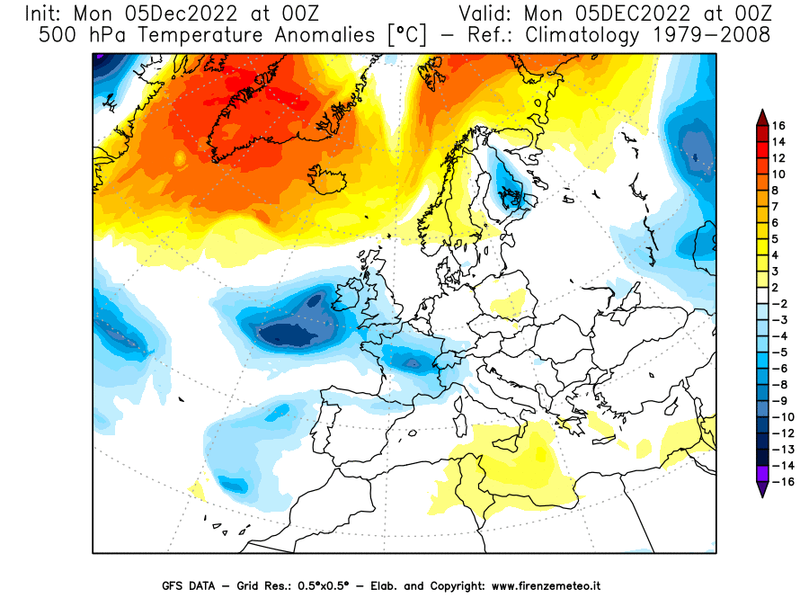 Mappa di analisi GFS - Anomalia Temperatura [°C] a 500 hPa in Europa
							del 05/12/2022 00 <!--googleoff: index-->UTC<!--googleon: index-->